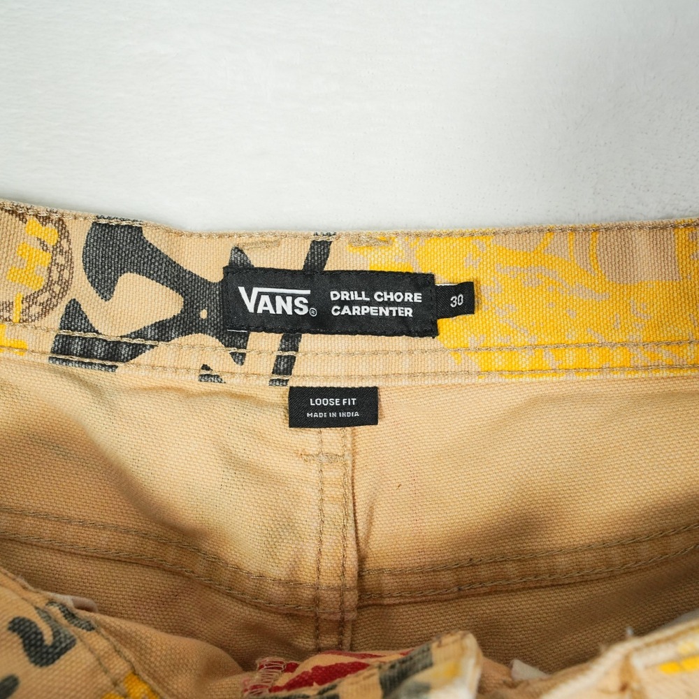 Vans Drill Chore Carpenter Pants Mens 30x31 Tan Graphic Print Loose Fit - Picture 2 of 10